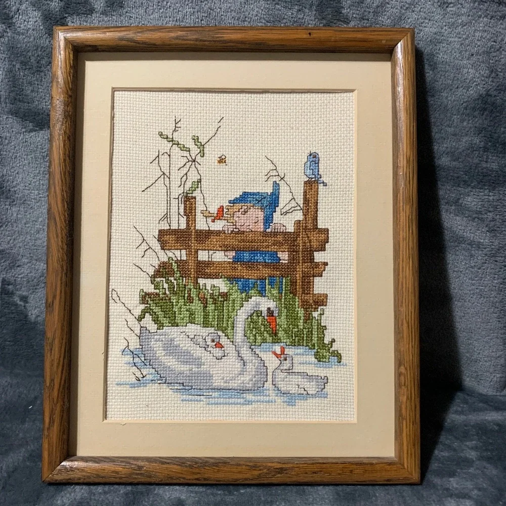 Needlepoint Art Framed Girl Swans Blue Brown Cottagecore Vintage